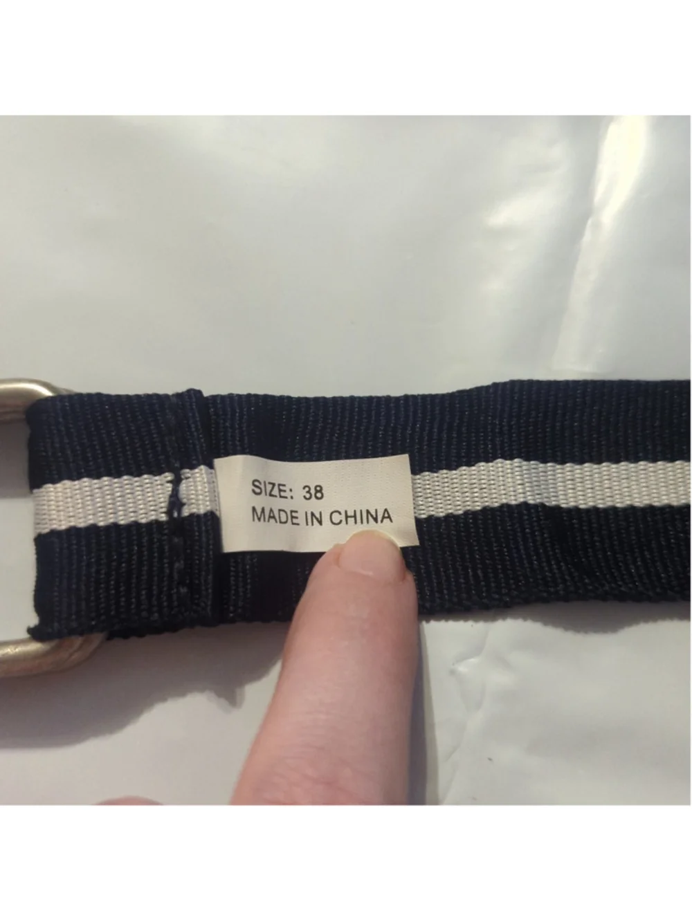 U.S. Polo Association Navy Blue and White Striped Canvas D Ring Belt - size 38